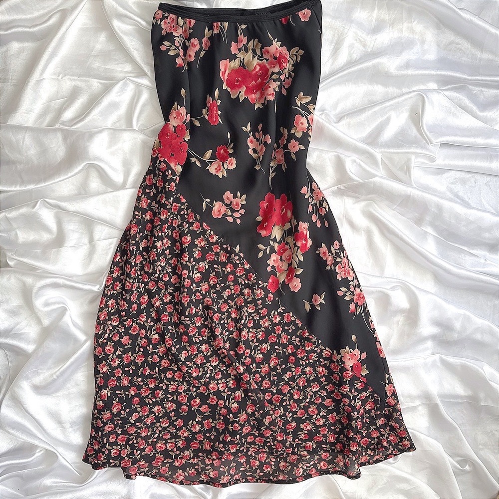 George Vintage Mixed Floral Midi Skirt Black Red Pink Patterned Size Medium
